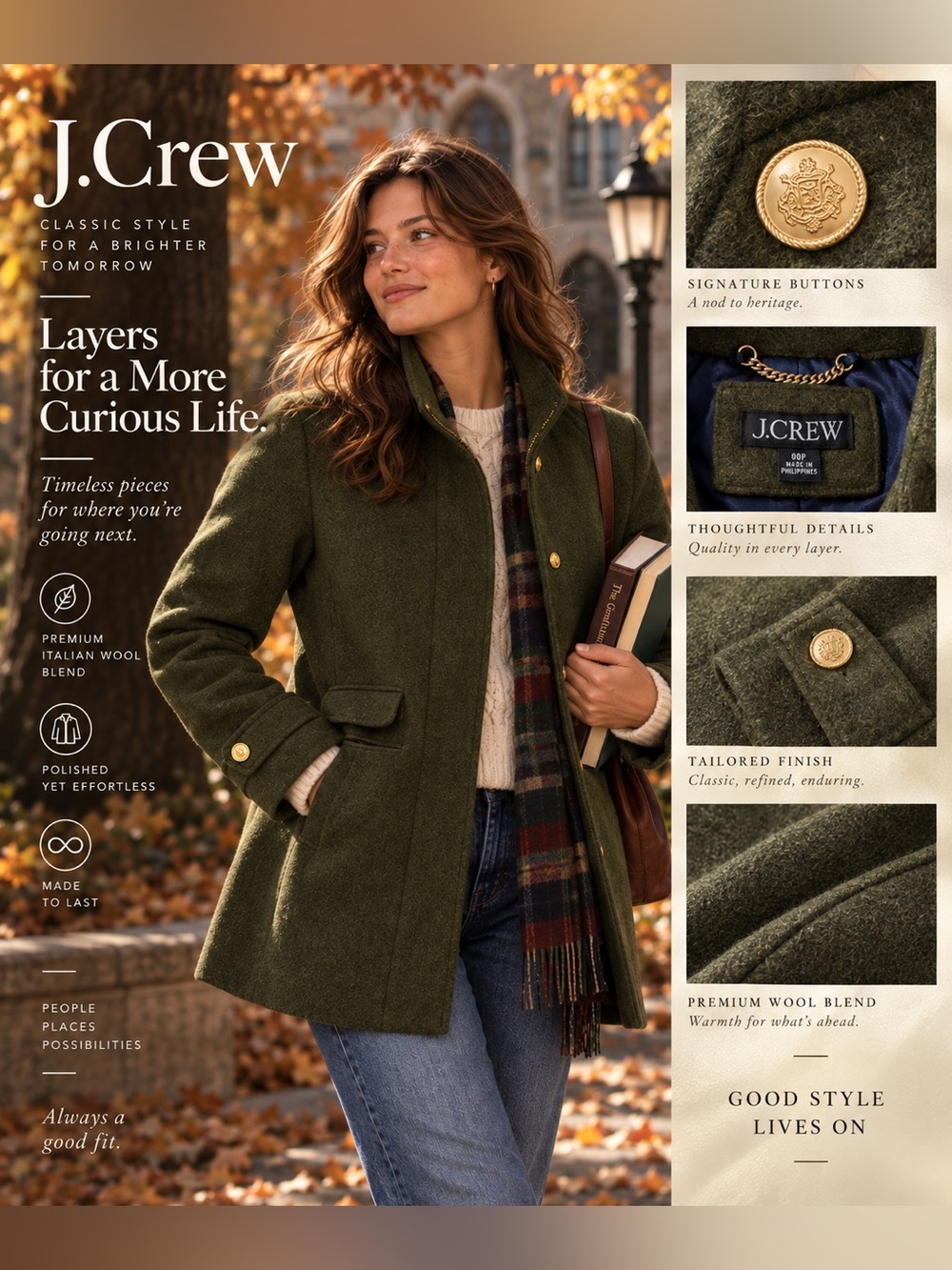 J.Crew Italian Stadium Cloth Nello Gori Olive Wool Coat 00P Gold Crest Buttons